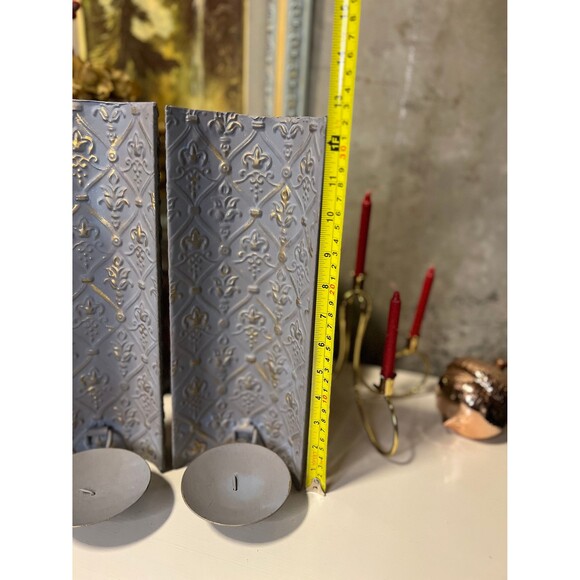 Pressed Metal Fleur de Lis Sconces Candlestick Holders Set of Two - Picture 4 of 5